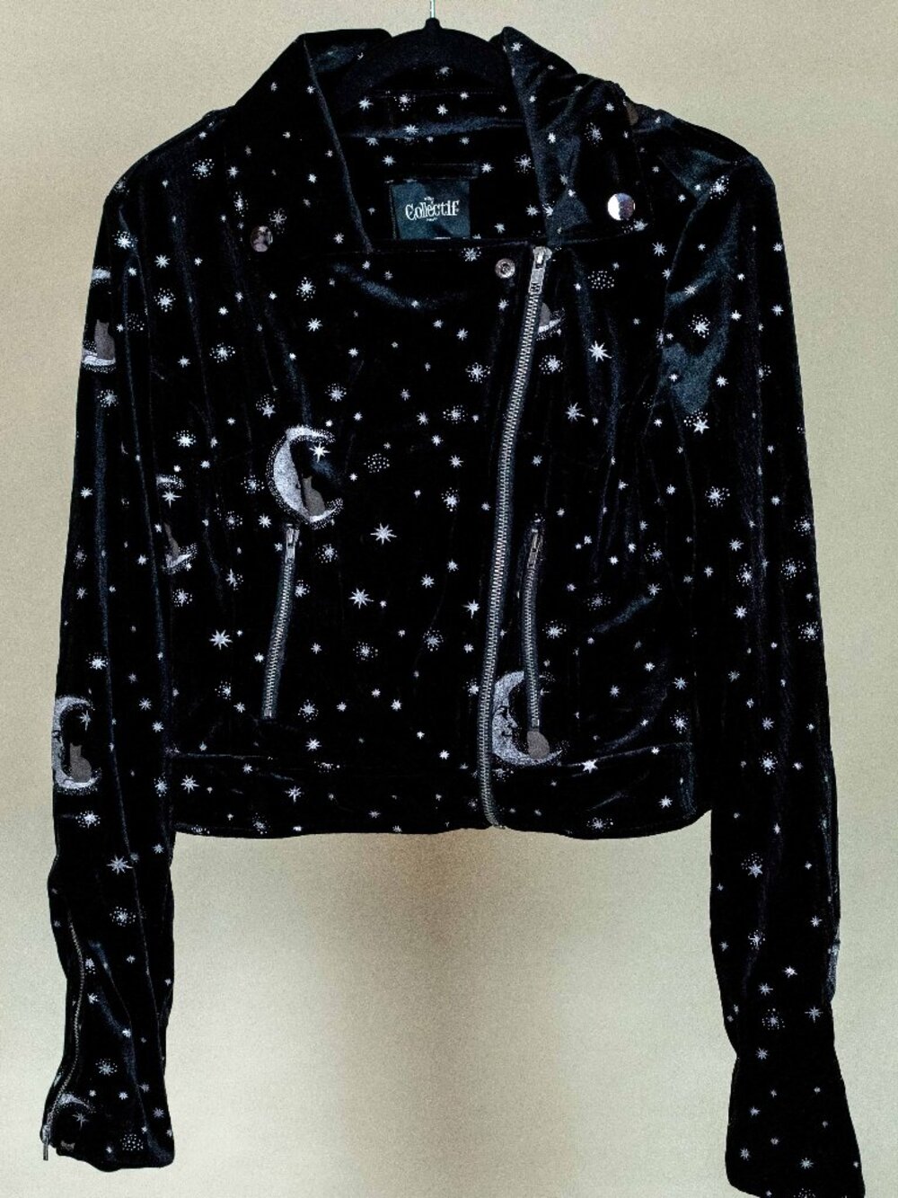 Collectif Black Velvet Midnight Moon Moto Jacket M - Picture 2 of 5